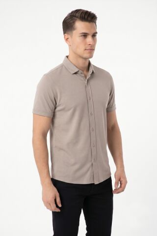 Erkek Önden Düğmeli Yakalı Gölek Tişört Regular Kalıp BGL-ST05563 BEJ - XL