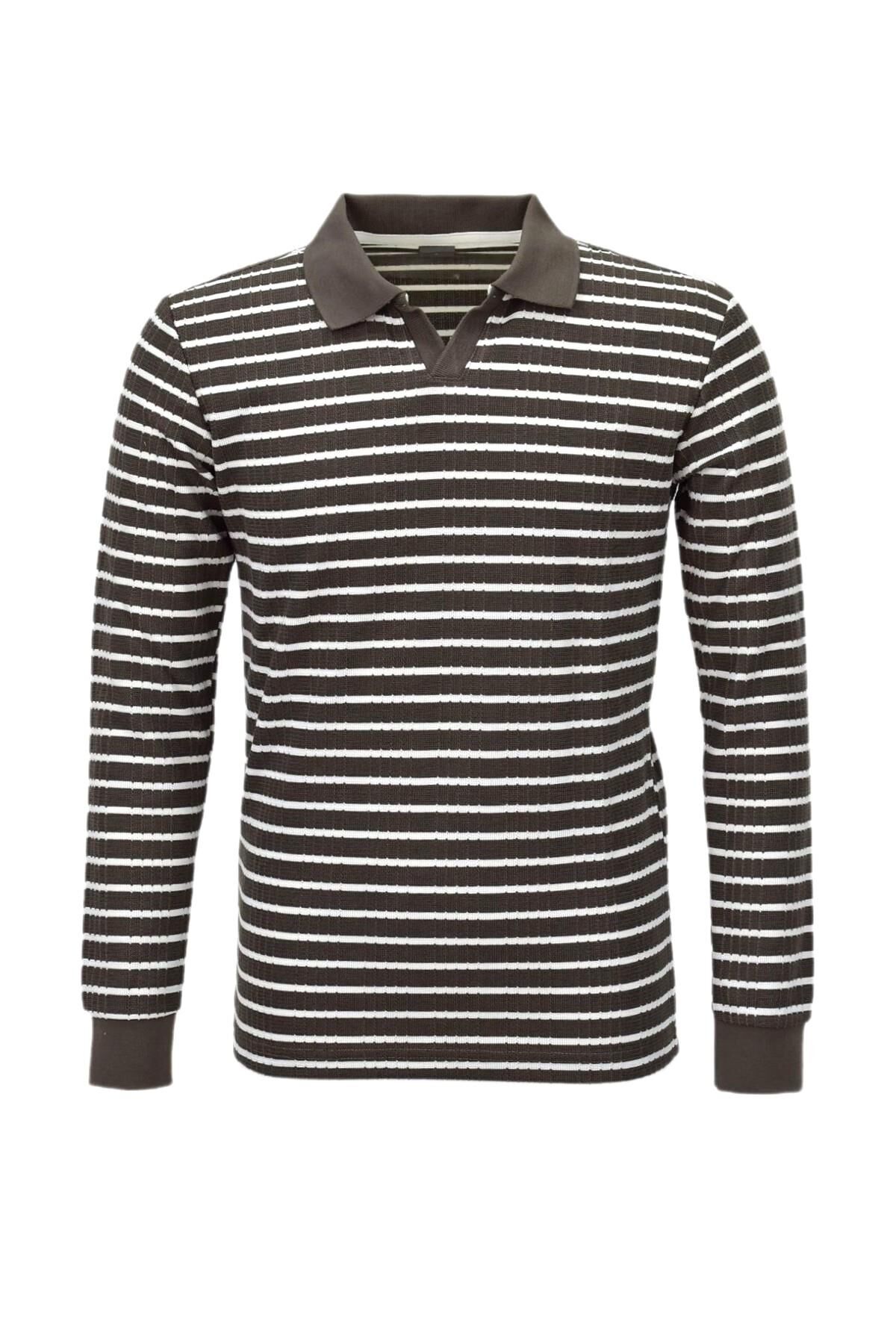 Erkek Spor Çizgili Mevsimlik Triko Polo Yaka Kazak BGL-ST03930 VİZON - S