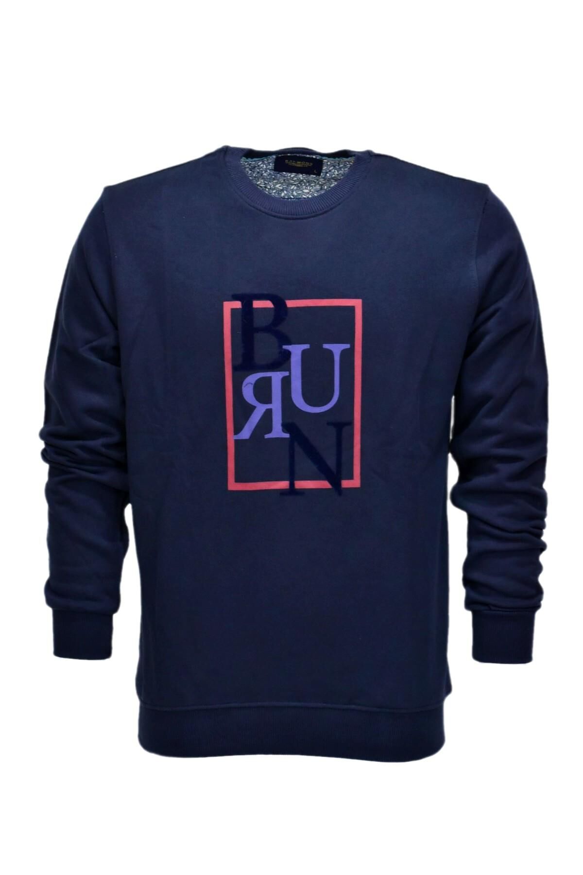 Erkek Baskılı Spor Sıfır Yaka Sweatshirt R2202 BGL-ST03189 LACİVERT - 2XL