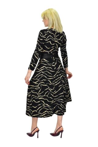 Kadın Krep Zebra Desenli  V Yaka Elbise BGL-ST03537 BEJ - 42
