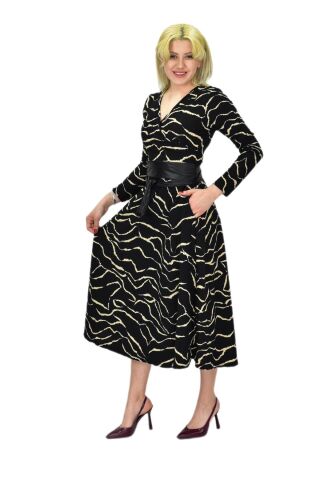 Kadın Krep Zebra Desenli  V Yaka Elbise BGL-ST03537 BEJ - 42