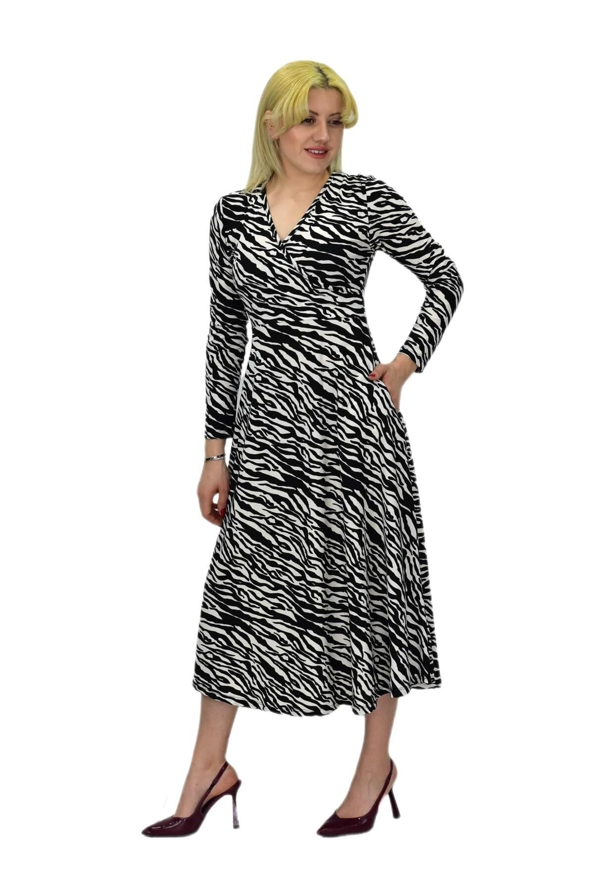 Kadın Krep Zebra Desenli  V Yaka Elbise BGL-ST03537 SİYAH - 38