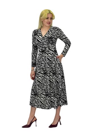 Kadın Krep Zebra Desenli  V Yaka Elbise BGL-ST03537 SİYAH - 38