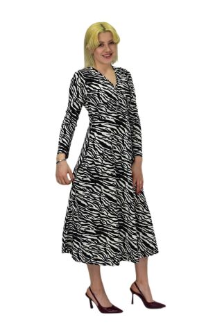 Kadın Krep Zebra Desenli  V Yaka Elbise BGL-ST03537 SİYAH - 38