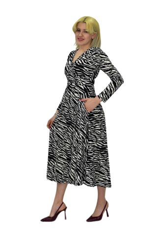 Kadın Krep Zebra Desenli  V Yaka Elbise BGL-ST03537 SİYAH - 38