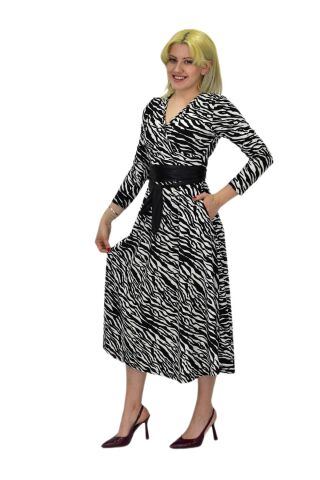 Kadın Krep Zebra Desenli  V Yaka Elbise BGL-ST03537 SİYAH - 38