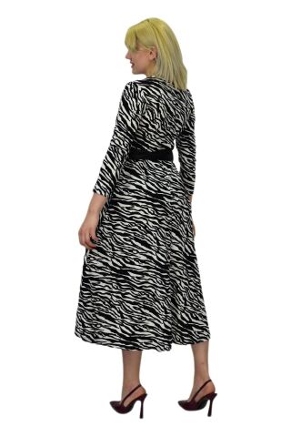 Kadın Krep Zebra Desenli  V Yaka Elbise BGL-ST03537 SİYAH - 38