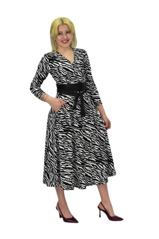 Kadın Krep Zebra Desenli  V Yaka Elbise BGL-ST03537 SİYAH - 38