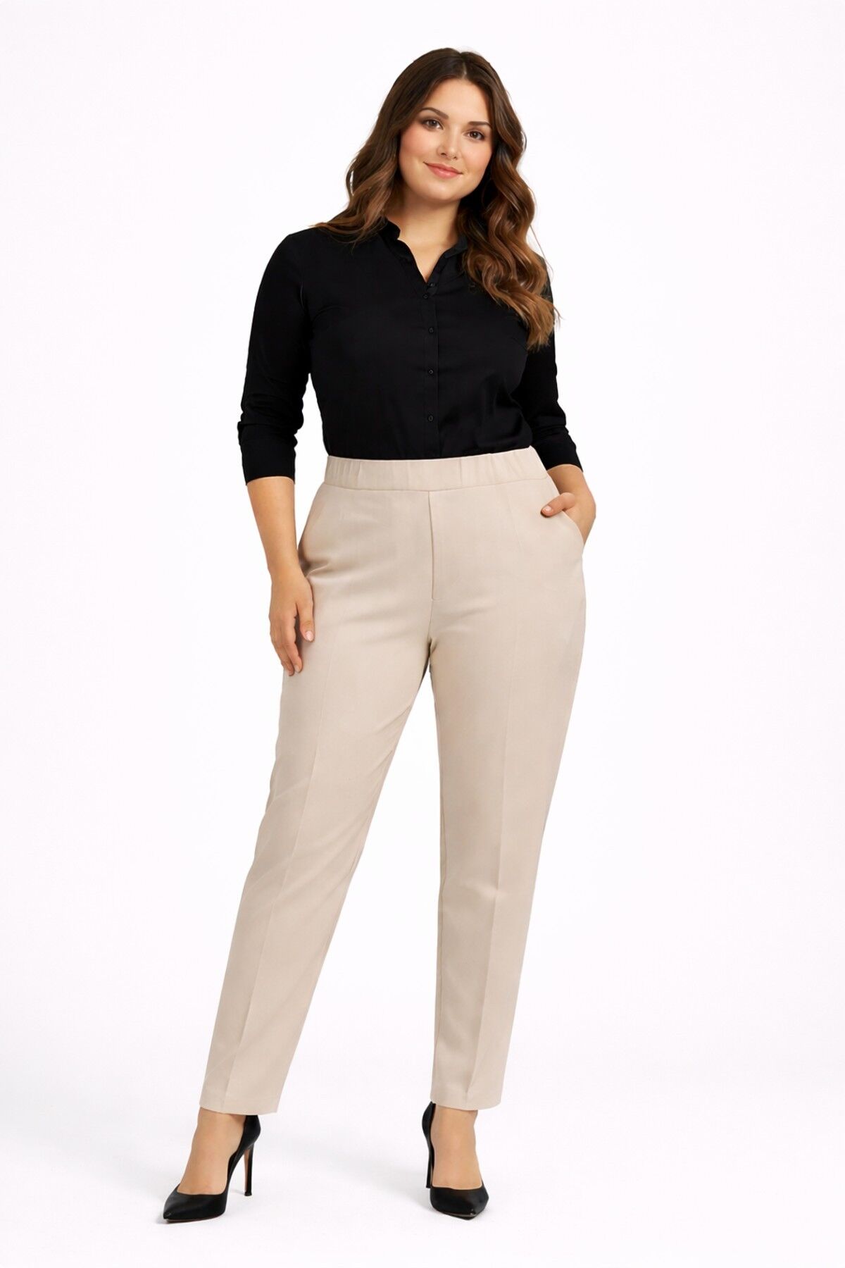 Kadın Kumaş Pantolon Kemer Lastikli BGL-ST05283 BEJ - 46