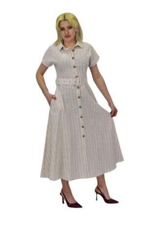 Kadın Keten Kısa Kol Elbise BGL-ST03722 KAHVE - 38