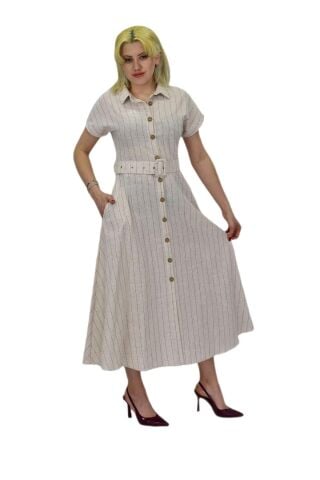 Kadın Keten Kısa Kol Elbise BGL-ST03722 KAHVE - 40