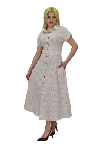 Kadın Keten Kısa Kol Elbise BGL-ST03722 KAHVE - 42