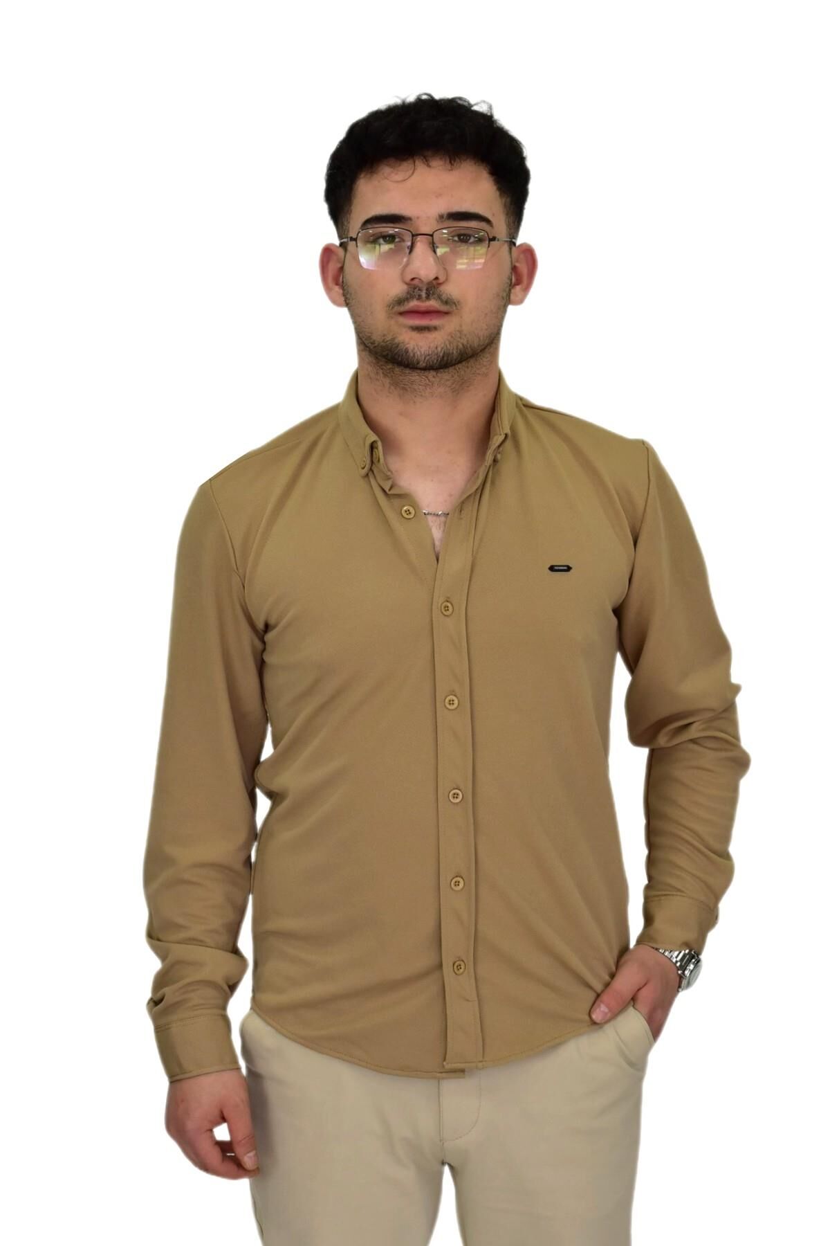 Erkek Likralı Spor Silim Fit Gömlek BGL-ST04332 CAMEL - XL