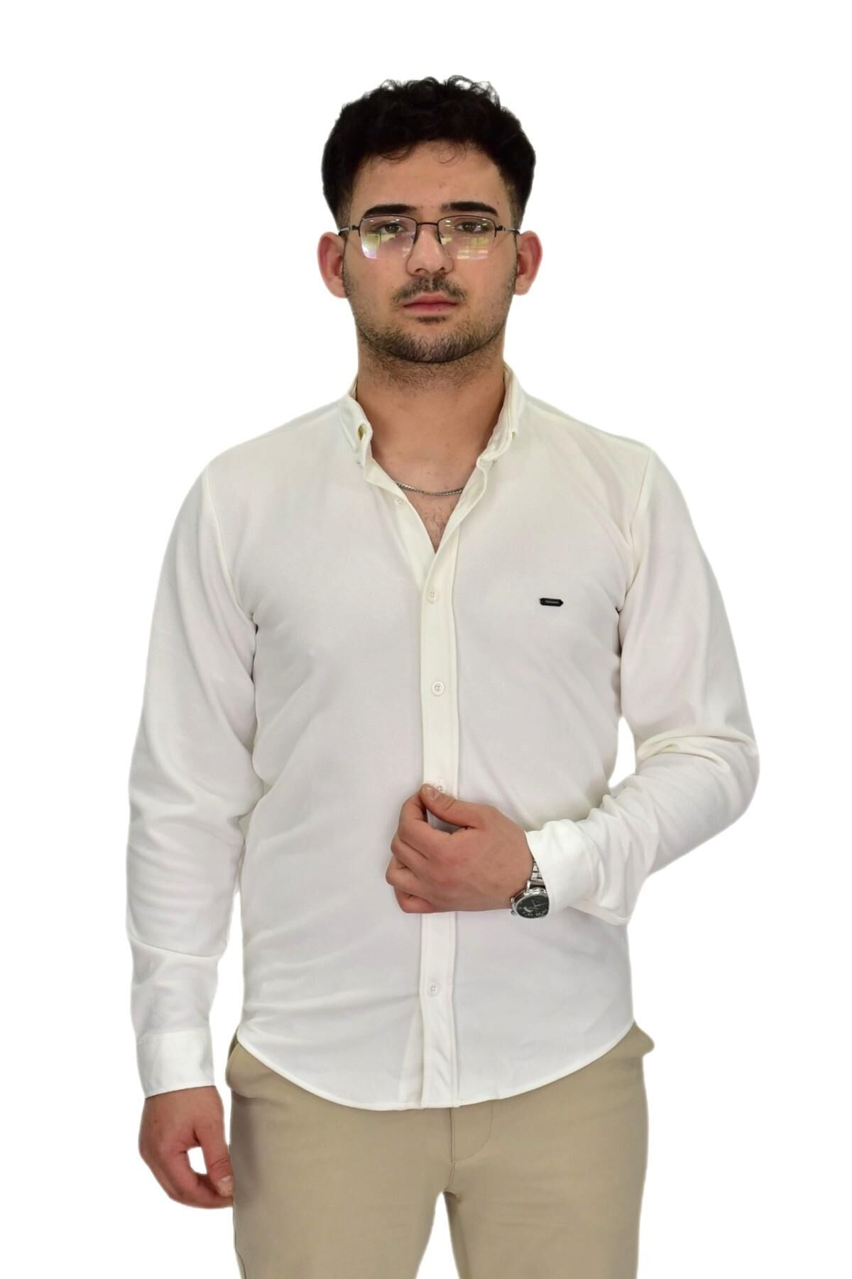 Erkek Likralı Spor Silim Fit Gömlek BGL-ST04332 EKRU - 2XL