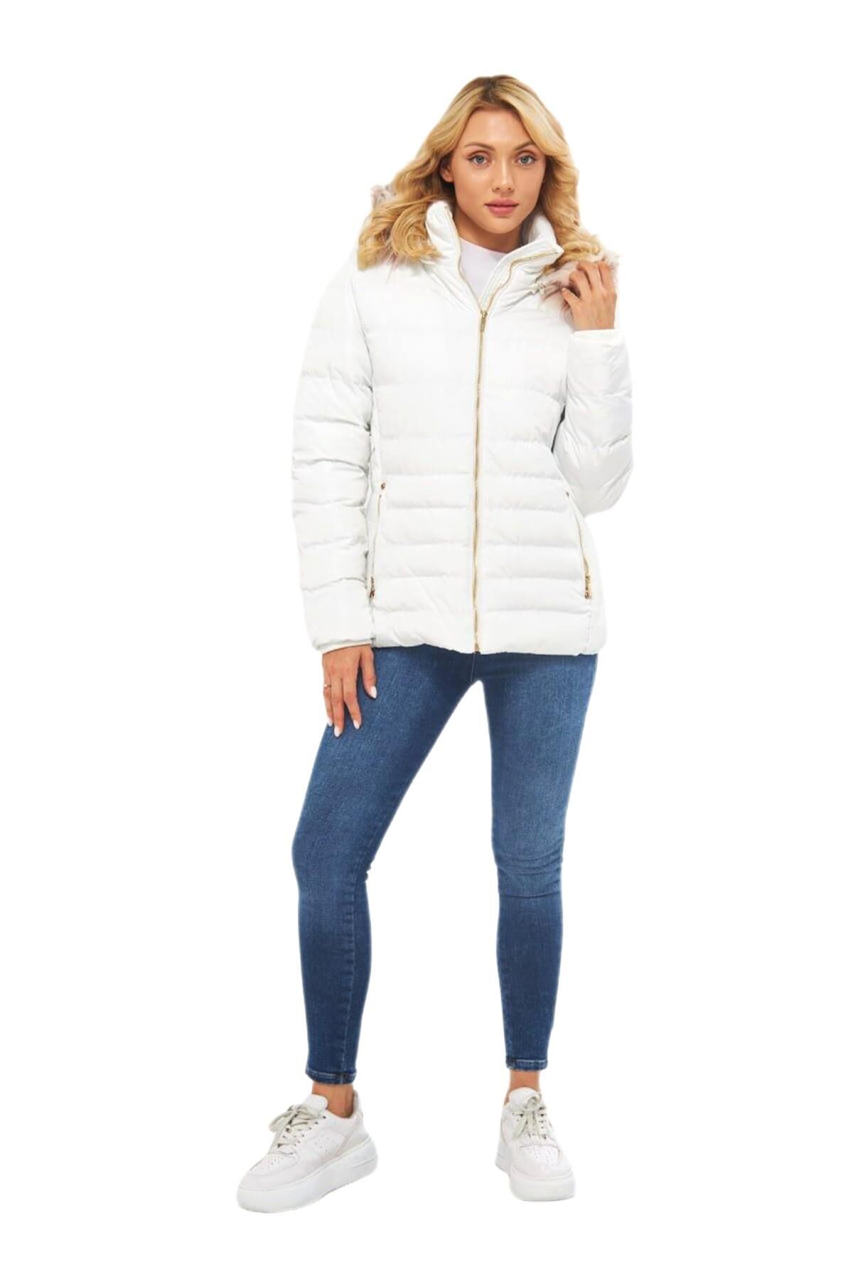 Kadın Spor Kapüşonlu Mont  M5301 BGL-ST03225 BEYAZ - L