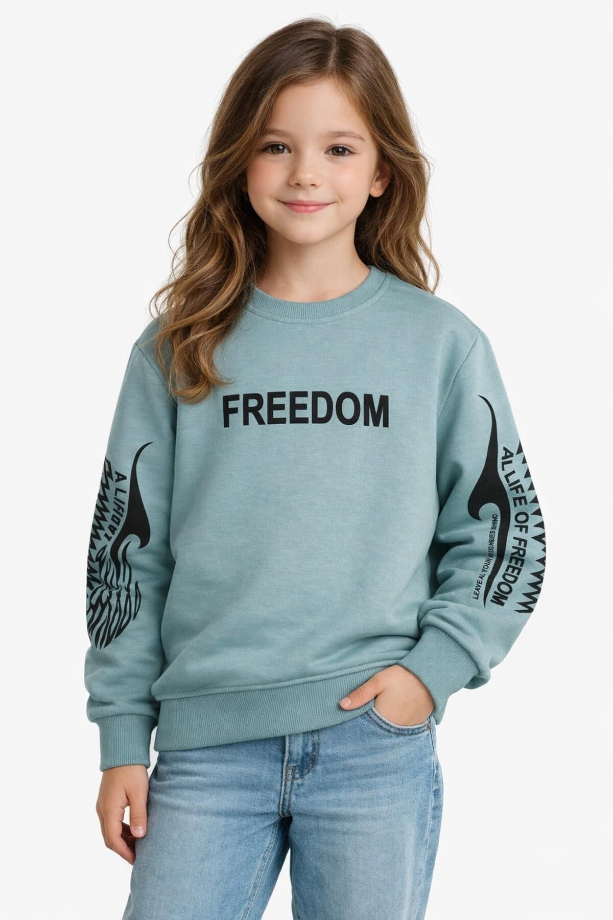 Kız Çocuk Kol Baskılı Sweatshirt BGL-ST05272 ELMA - 12 YAŞ