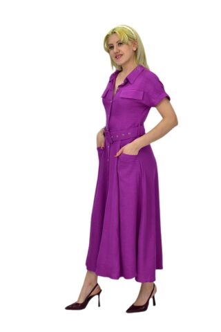 Kadın Cepli Kemerli Ayrobin Elbise BGL-ST03776 FUŞYA - 38