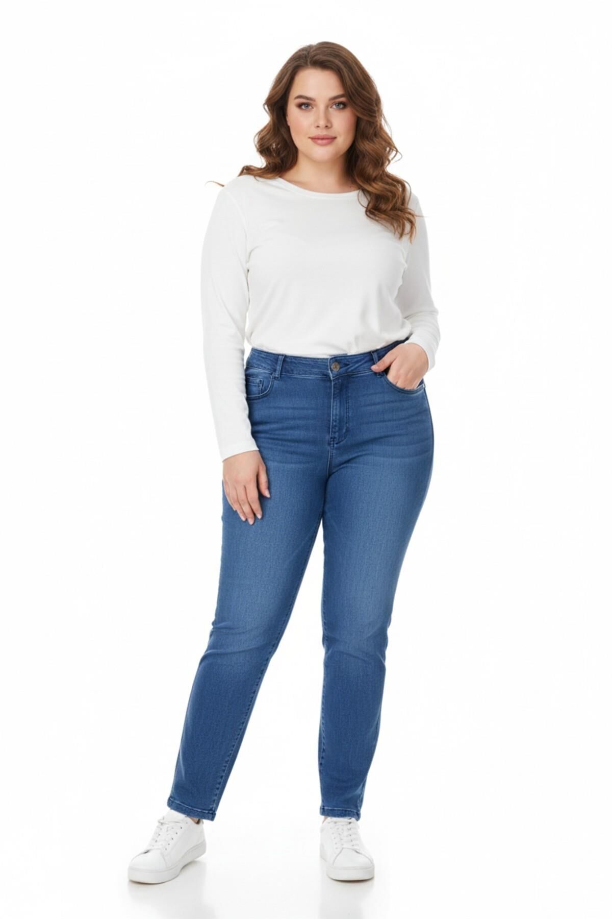 Kadın Bilek Jeans Pantolon Kemer Lastikli Düğmeli BGL-ST05057 MAVİ - 48