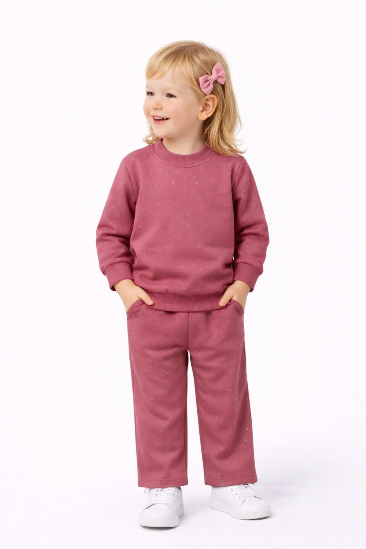 Kız Çocuk Taşlı Sweatshirt Pantolon Takım BGL-ST05273 FUŞYA - 4 Yaş