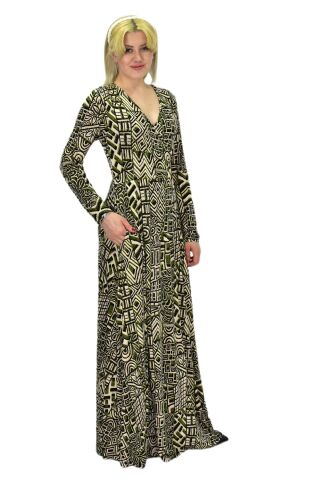 Kadın Etnik Desenli V Yaka Elbise BGL-ST03546 HAKİ - 38