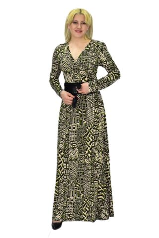 Kadın Etnik Desenli V Yaka Elbise BGL-ST03546 HAKİ - 38