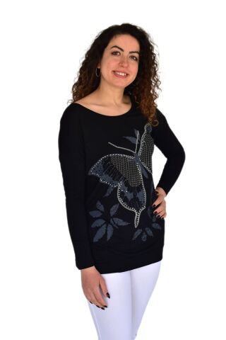Kadın Oversayz Kelebek Baskılı Sweatshirt BRG39702 SİYAH - S