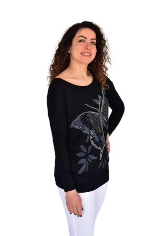 Kadın Oversayz Kelebek Baskılı Sweatshirt BRG39702 SİYAH - S