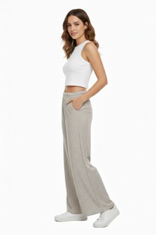 Kadın Su Yolu Çizgili Lastikli Pantolon BGL-ST04765 BEJ - M/L