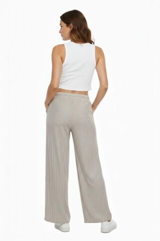 Kadın Su Yolu Çizgili Lastikli Pantolon BGL-ST04765 BEJ - M/L