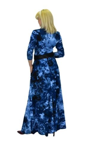 Kadın Mavi Desenli V Yaka Elbise BGL-ST03543