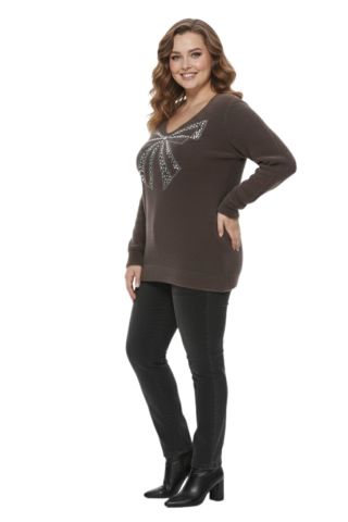 Kadın V Yaka İnci Modelli Sakallı Triko Kazak BGL-ST05078