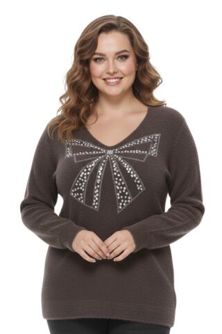 Kadın V Yaka İnci Modelli Sakallı Triko Kazak BGL-ST05078 KAHVE - M/L