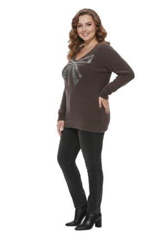 Kadın V Yaka İnci Modelli Sakallı Triko Kazak BGL-ST05078 KAHVE - M/L