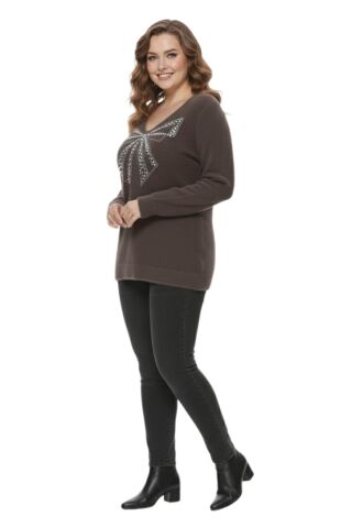 Kadın V Yaka İnci Modelli Sakallı Triko Kazak BGL-ST05078 KAHVE - M/L