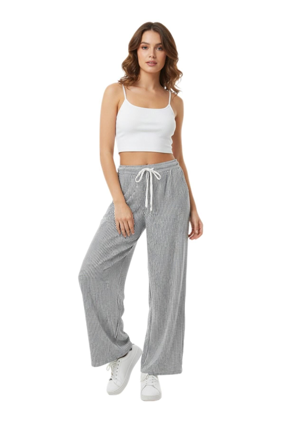 Kadın Su Yolu Çizgili Lastikli Pantolon BGL-ST04765 FÜME - M/L