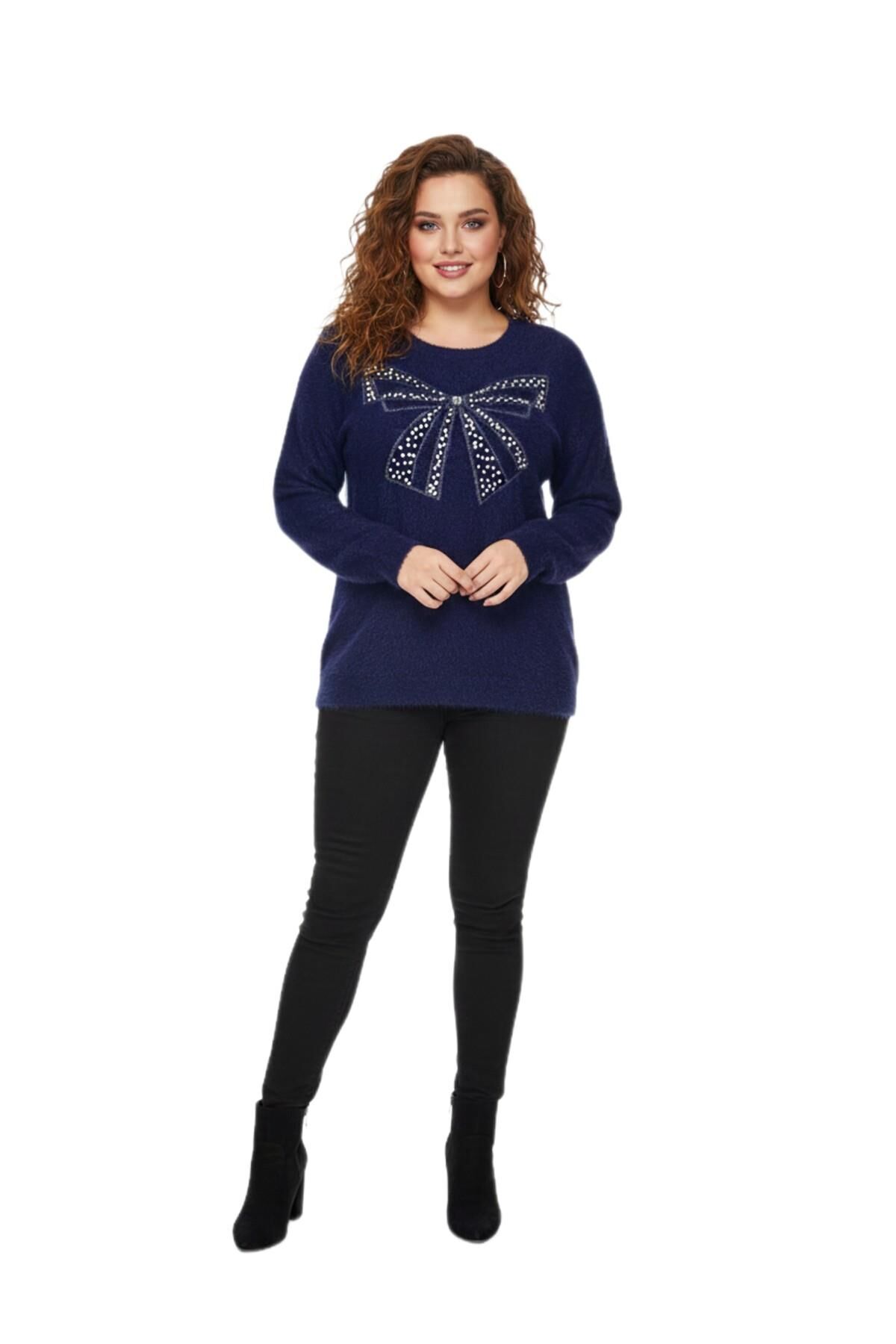 Kadın V Yaka İnci Modelli Sakallı Triko Kazak BGL-ST05078 LACİVERT - M/L