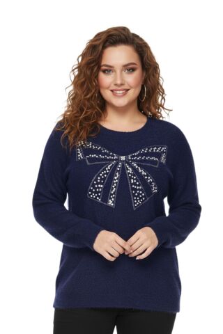 Kadın V Yaka İnci Modelli Sakallı Triko Kazak BGL-ST05078 LACİVERT - M/L