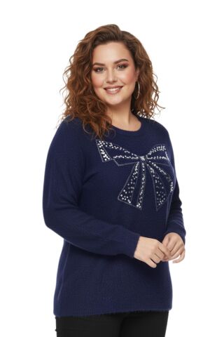Kadın V Yaka İnci Modelli Sakallı Triko Kazak BGL-ST05078 LACİVERT - M/L