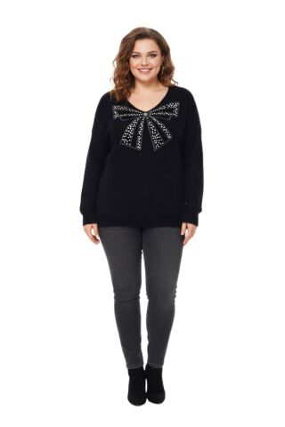 Kadın V Yaka İnci Modelli Sakallı Triko Kazak BGL-ST05078 SİYAH - M/L