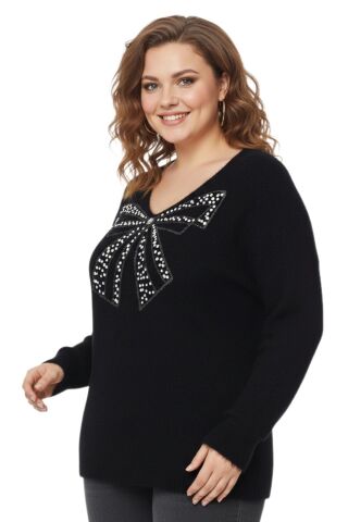 Kadın V Yaka İnci Modelli Sakallı Triko Kazak BGL-ST05078 SİYAH - M/L