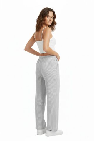 Kadın Su Yolu Çizgili Lastikli Pantolon BGL-ST04765 GRİ - M/L