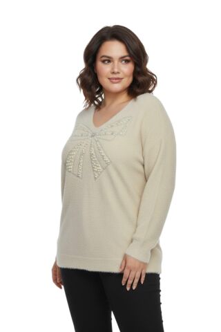 Kadın V Yaka İnci Modelli Sakallı Triko Kazak BGL-ST05078 TAŞ - M/L