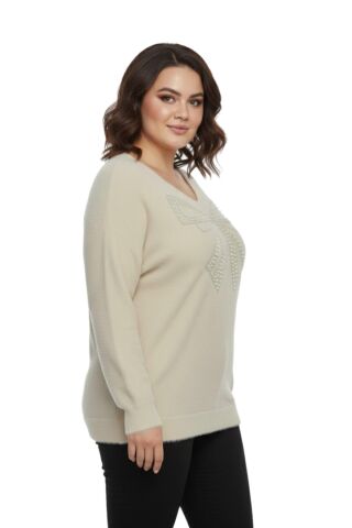 Kadın V Yaka İnci Modelli Sakallı Triko Kazak BGL-ST05078 TAŞ - M/L