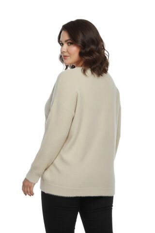 Kadın V Yaka İnci Modelli Sakallı Triko Kazak BGL-ST05078 TAŞ - M/L