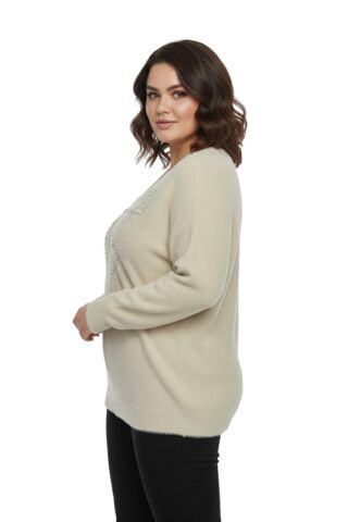 Kadın V Yaka İnci Modelli Sakallı Triko Kazak BGL-ST05078 TAŞ - M/L