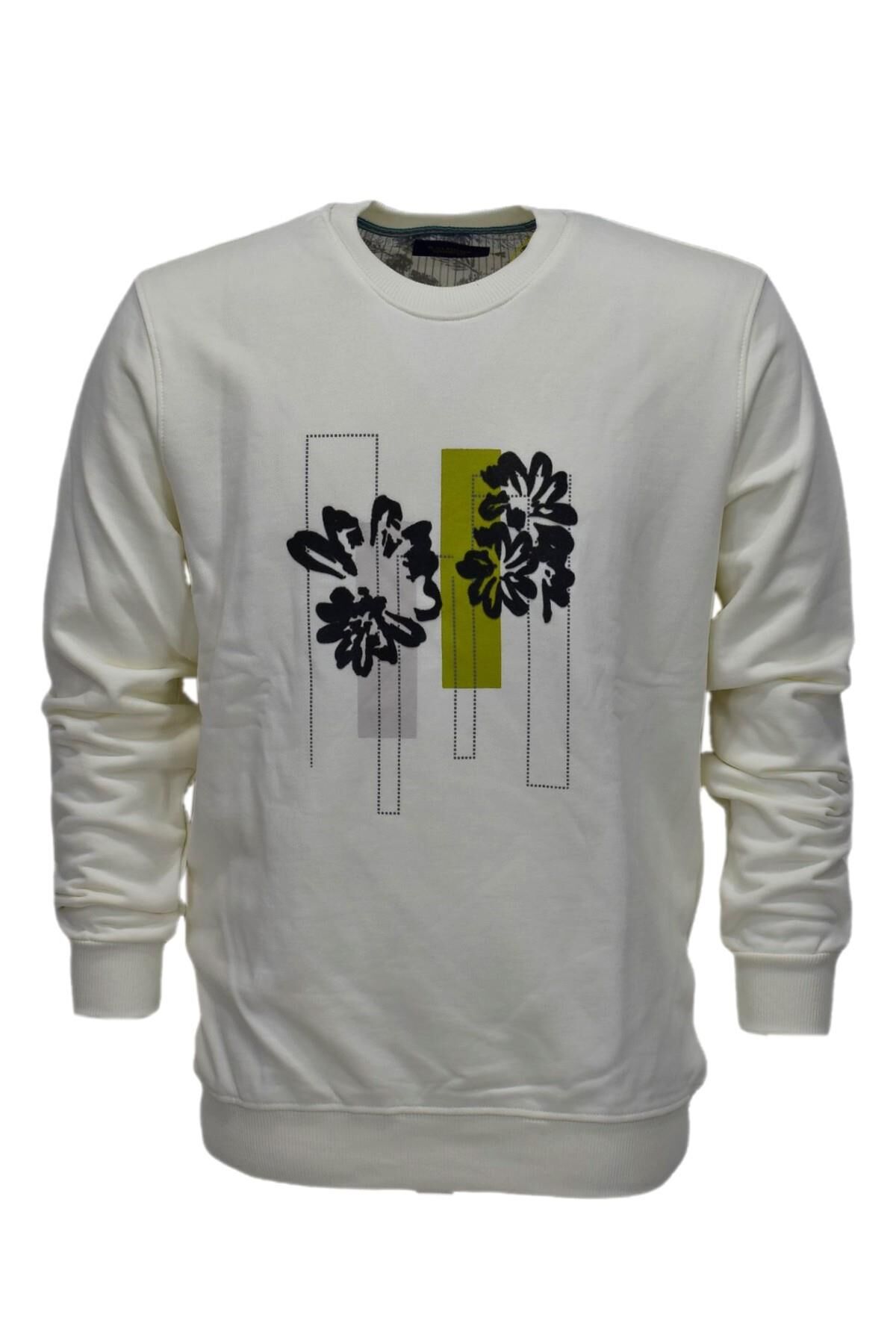Erkek Baskılı Spor Sıfır Yaka Sweatshirt R2201 BGL-ST03191 EKRU - 2XL
