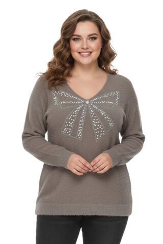 Kadın V Yaka İnci Modelli Sakallı Triko Kazak BGL-ST05078 VİZON - M/L