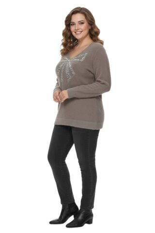 Kadın V Yaka İnci Modelli Sakallı Triko Kazak BGL-ST05078 VİZON - M/L