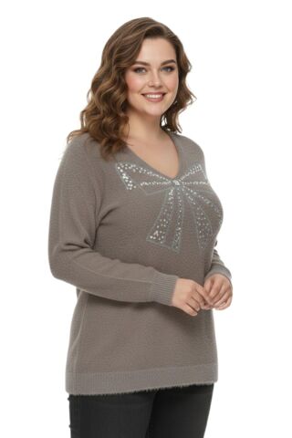 Kadın V Yaka İnci Modelli Sakallı Triko Kazak BGL-ST05078 VİZON - M/L