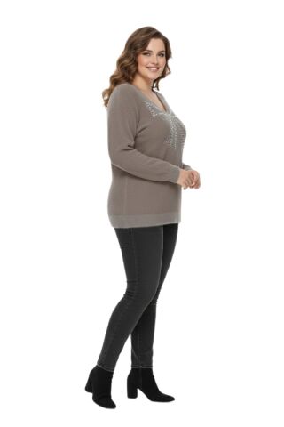 Kadın V Yaka İnci Modelli Sakallı Triko Kazak BGL-ST05078 VİZON - M/L